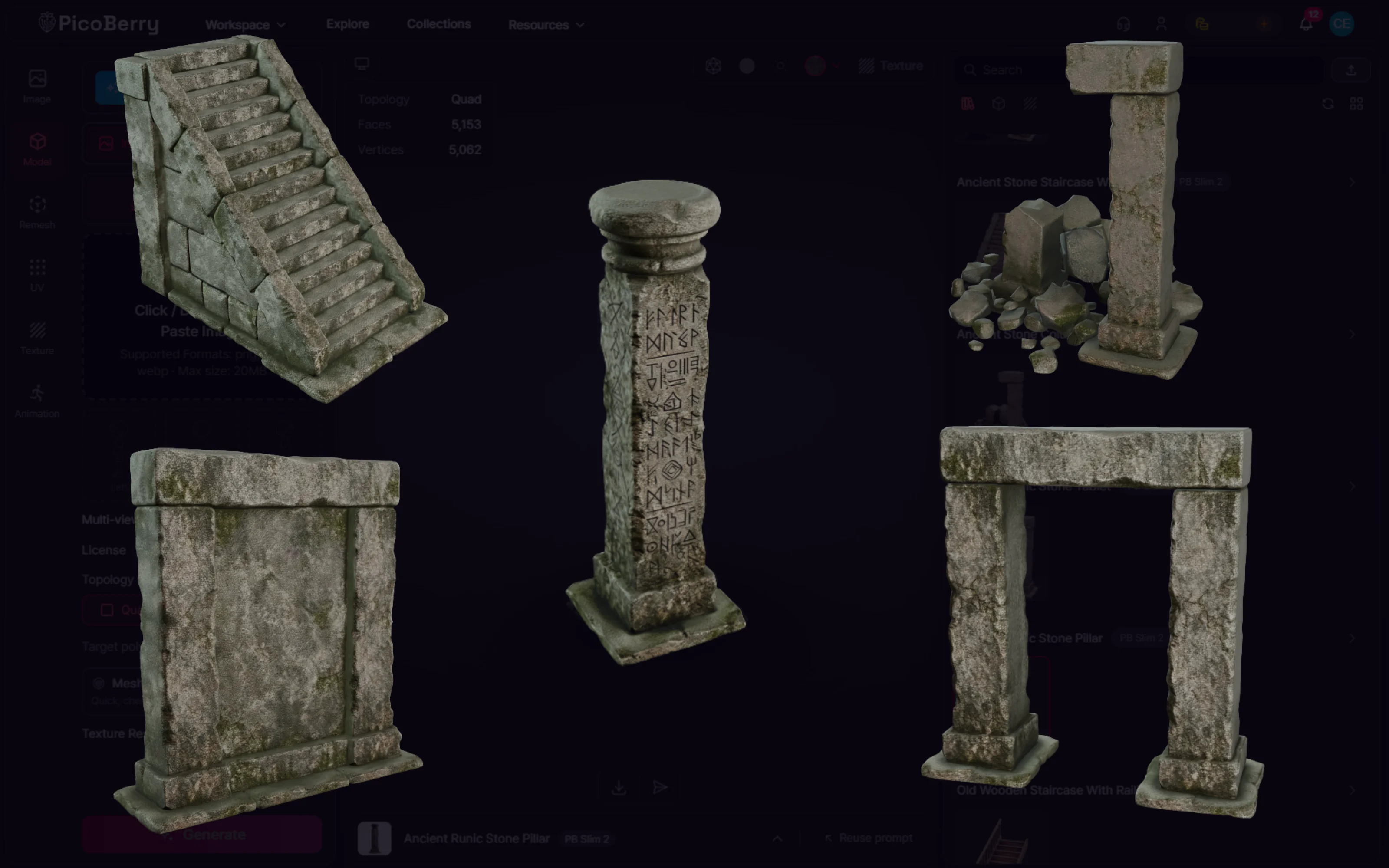 A set of ancient stone pieces in one weathered style, a runic staircase, tablet, pillar, and doorway, generated together in PicoBerry