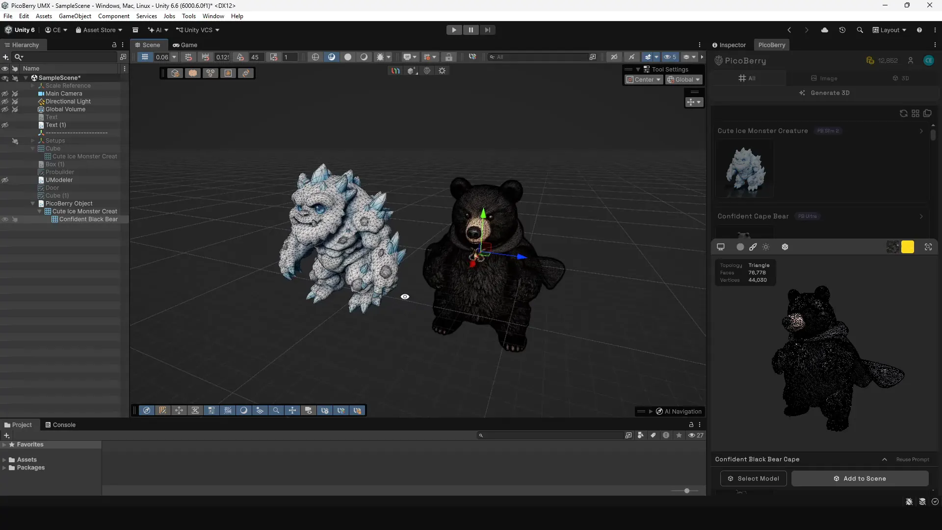 Unity Editor 的画面:场景里放着两个来自 PicoBerry 的资产,一只白色的冰霜生物和一只披斗篷的黑熊;PicoBerry 窗口停靠在 Inspector 旁边,列出的正是这两个资产,带有 Select Model 和 Add to Scene 按钮