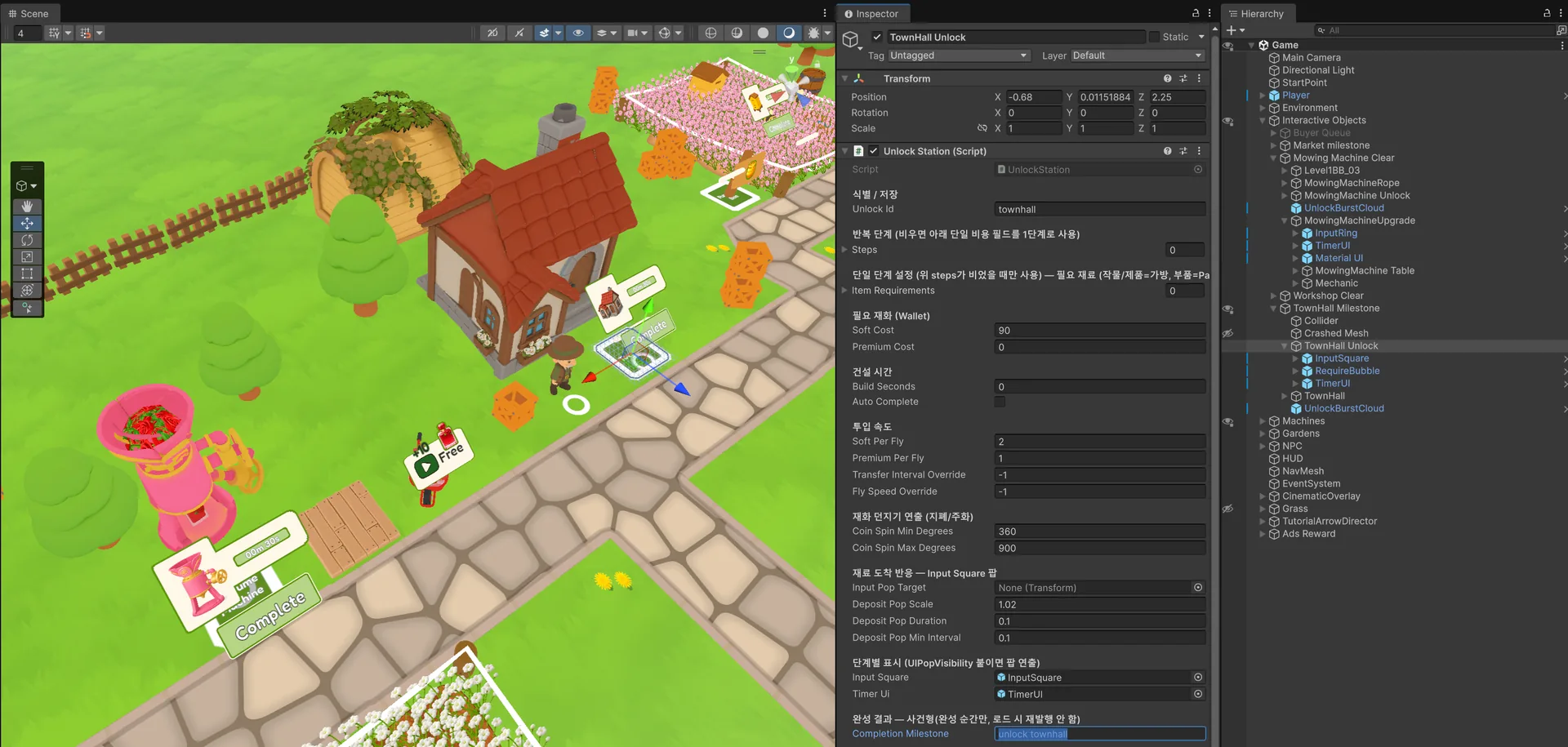 Wiring inspector values for town hall objects in the Unity editor
