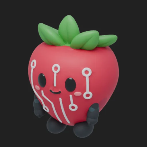 The PicoBerry mascot, a smiling strawberry with circuit lines, generated with Meshy 7; its dark hands and feet were added after download