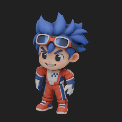 PicoBerry model of Pop Racer, a boy with spiky blue hair in a red suit