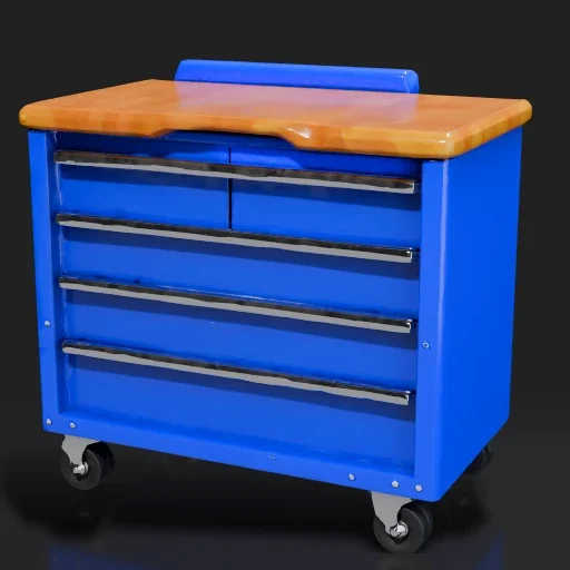 PicoBerry model of a navy blue rolling tool cabinet with a wooden top