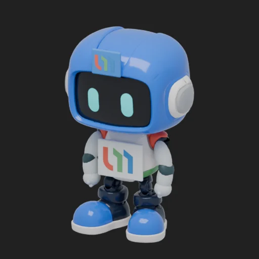 The UModeler mascot, a small blue robot generated with Meshy 7; its hands and the two UModeler logo badges were added after download