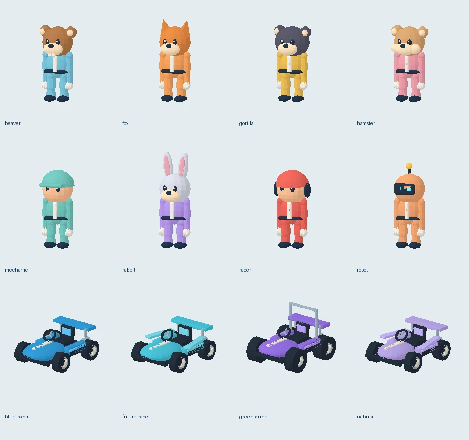 A sheet of eight blocky characters with square heads and one-color suits, above four boxy go-karts