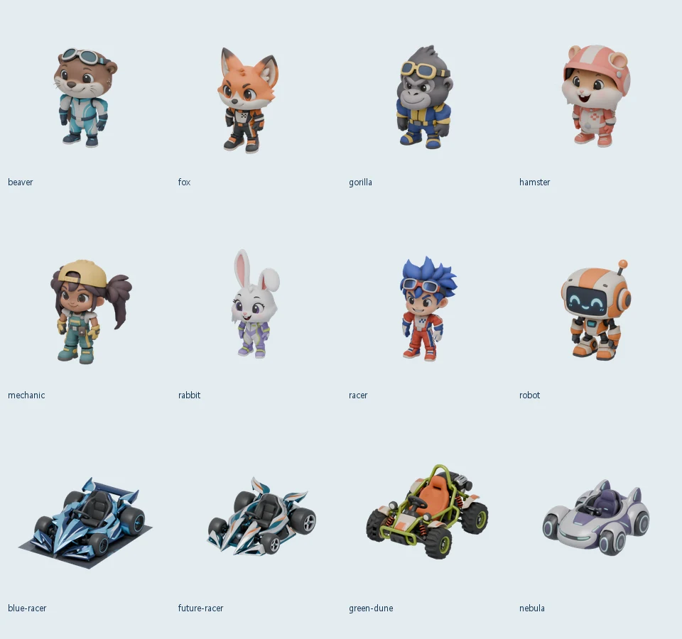 A sheet of the eight cartoon drivers, a beaver, a fox, a gorilla, a hamster, a mechanic, a rabbit, a racer, and a robot, above four detailed karts