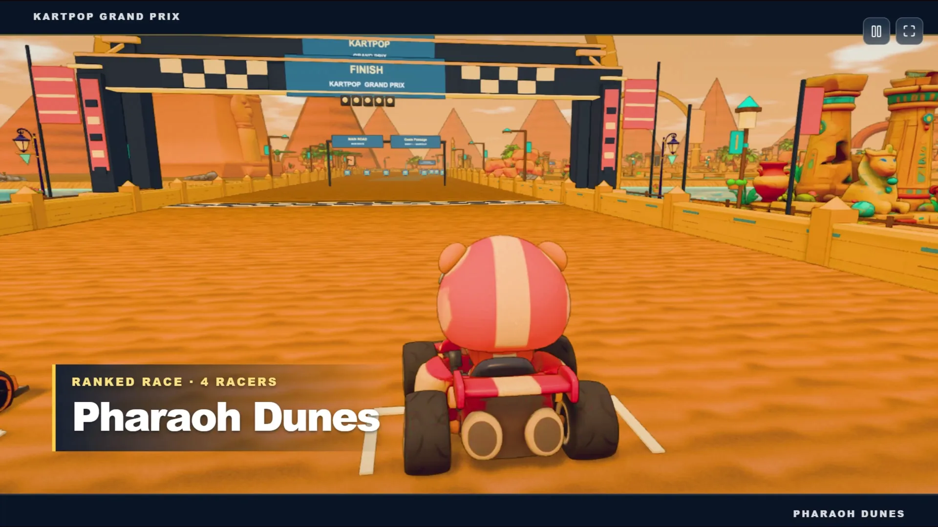 A driver in a red and white helmet in a kart facing the finish gantry on Pharaoh Dunes, with the title Ranked Race · 4 Racers at the lower left
