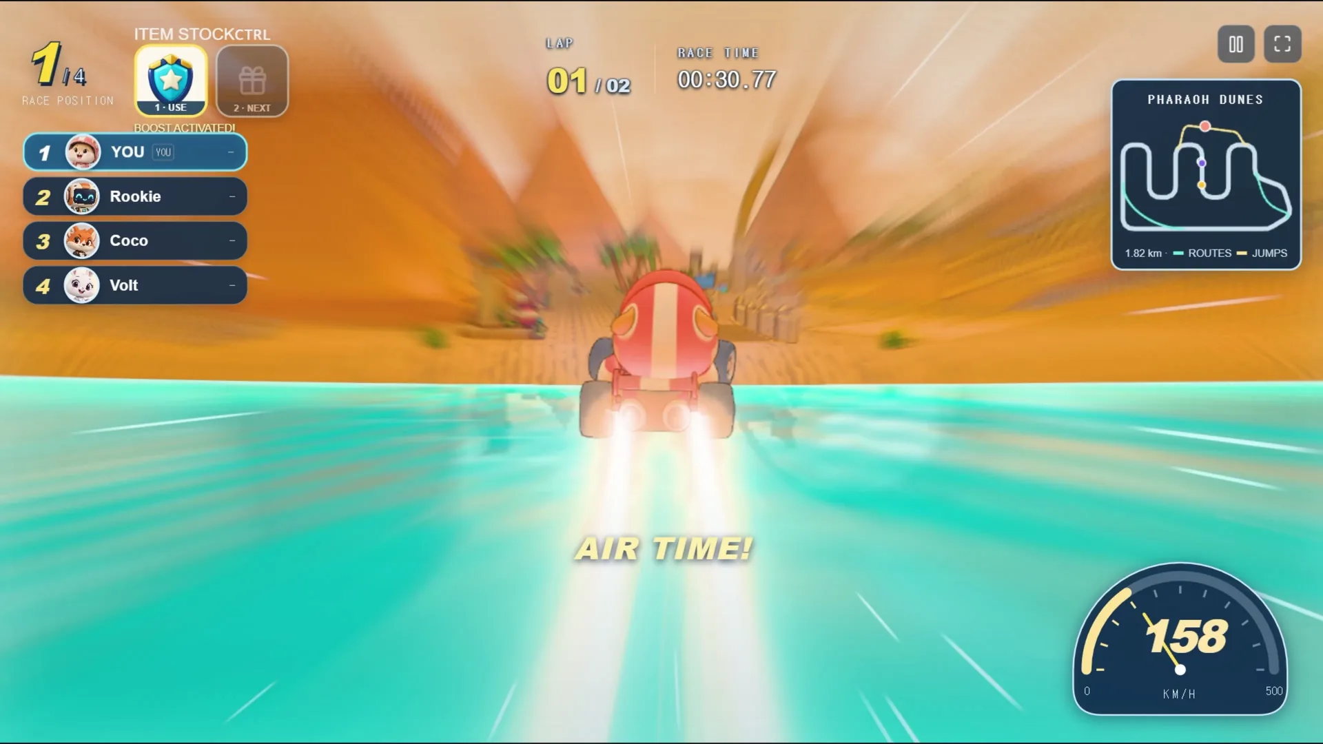 A kart in the air with a bright boost trail over turquoise water