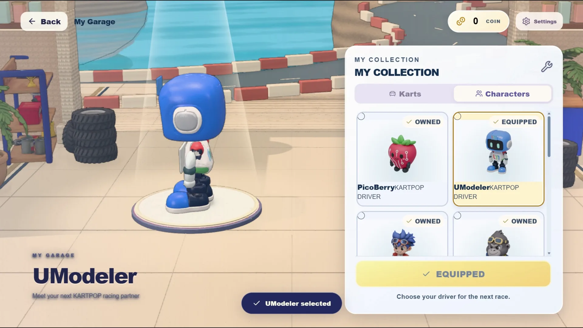 The KARTPOP garage: a blue robot mascot on a turntable beside a collection panel of drivers