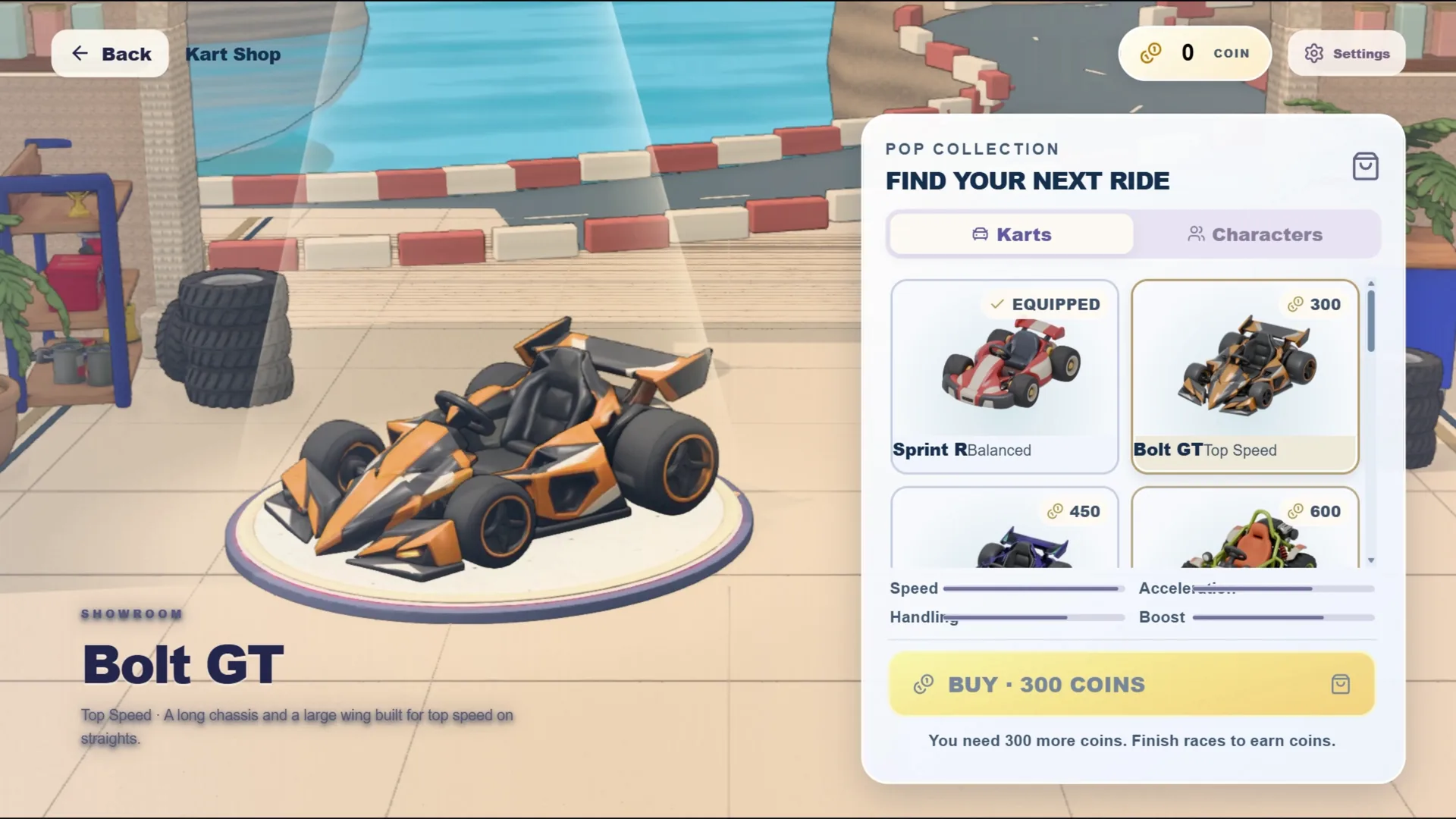 The KARTPOP kart shop: an orange and black kart on a turntable beside a list of karts and prices