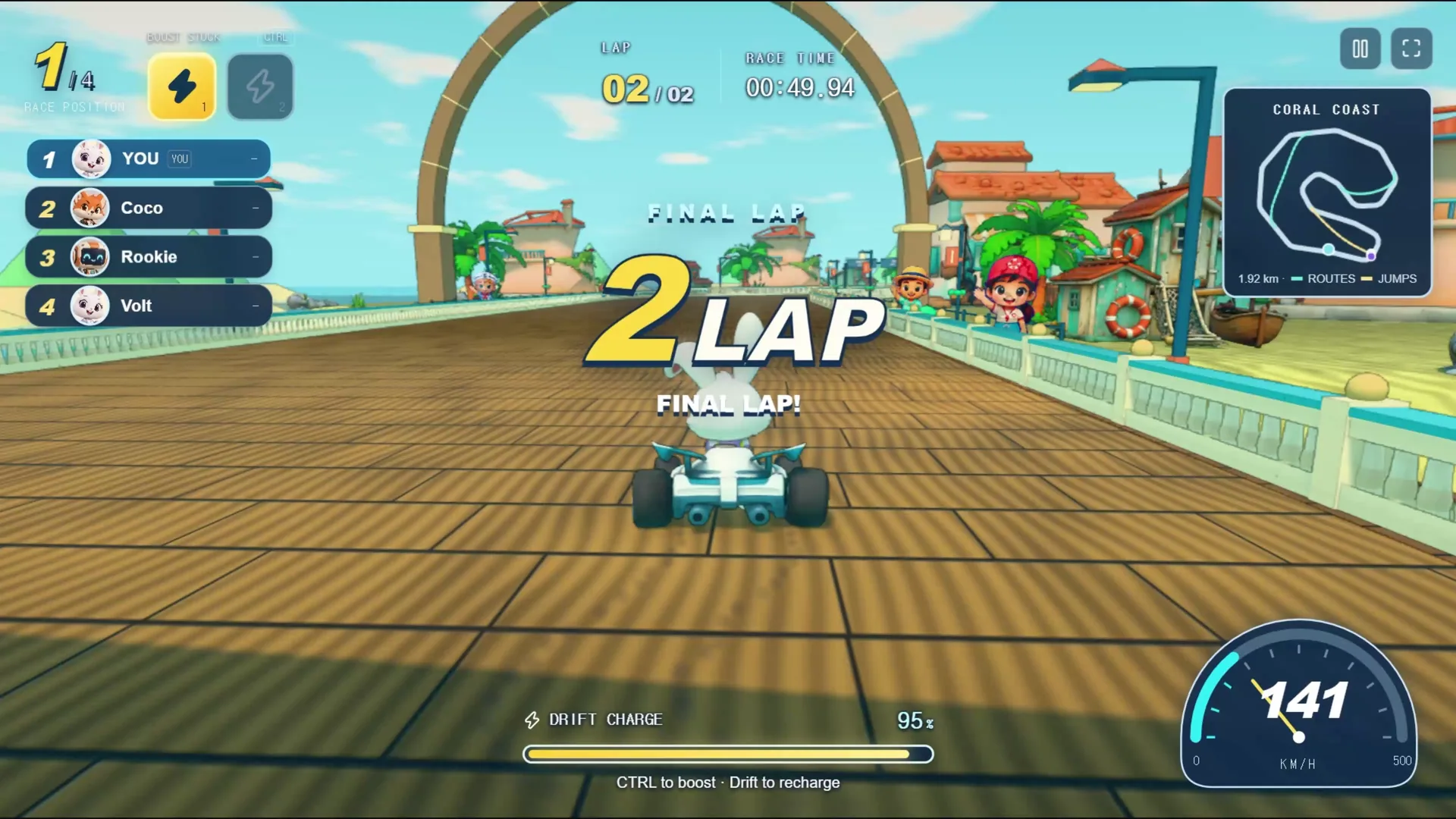 A kart on a seaside boardwalk track with a 2 LAP, Final Lap overlay in the middle of the screen and the drift charge meter below