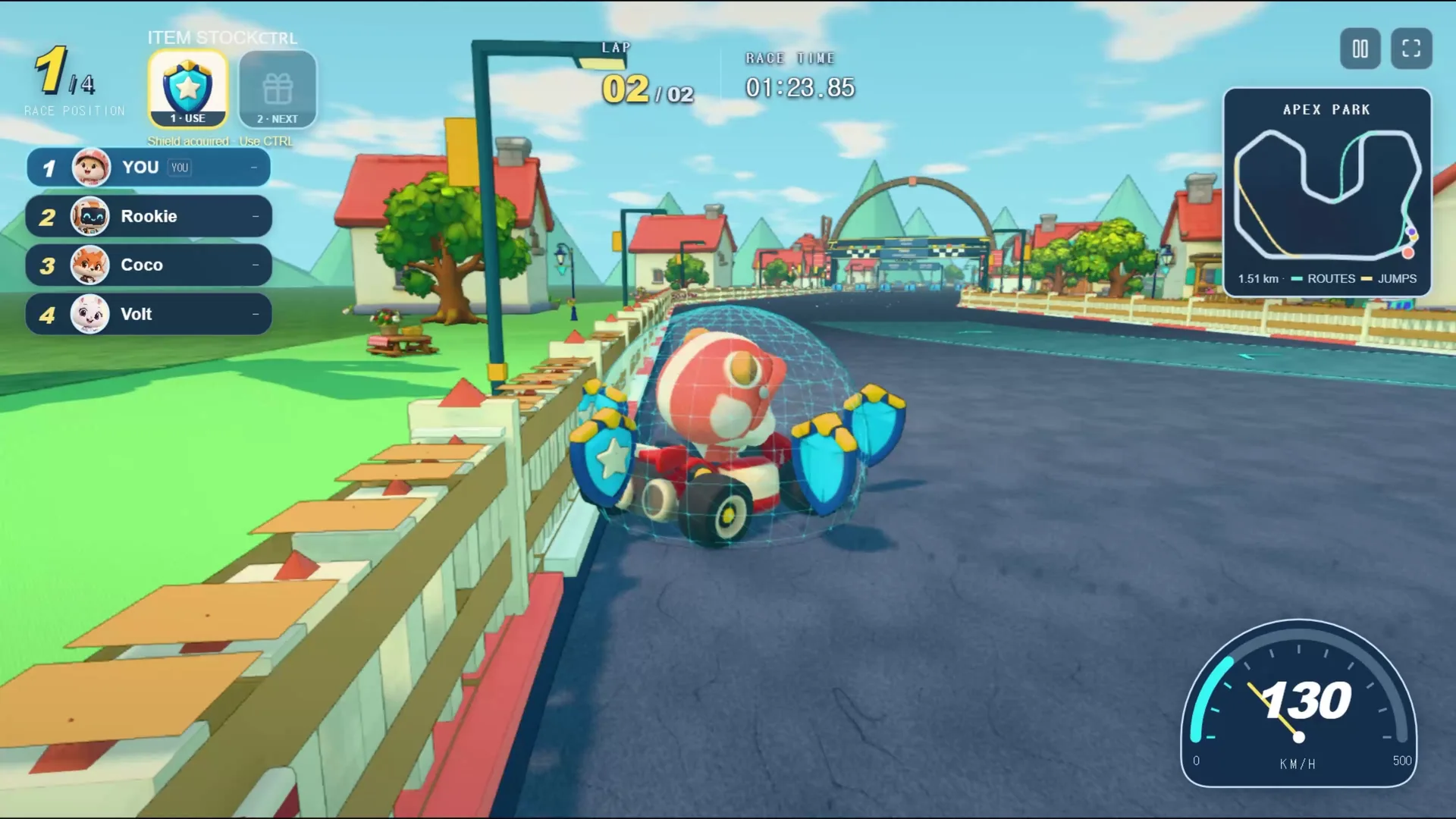 A kart on a village track surrounded by orbiting blue shields
