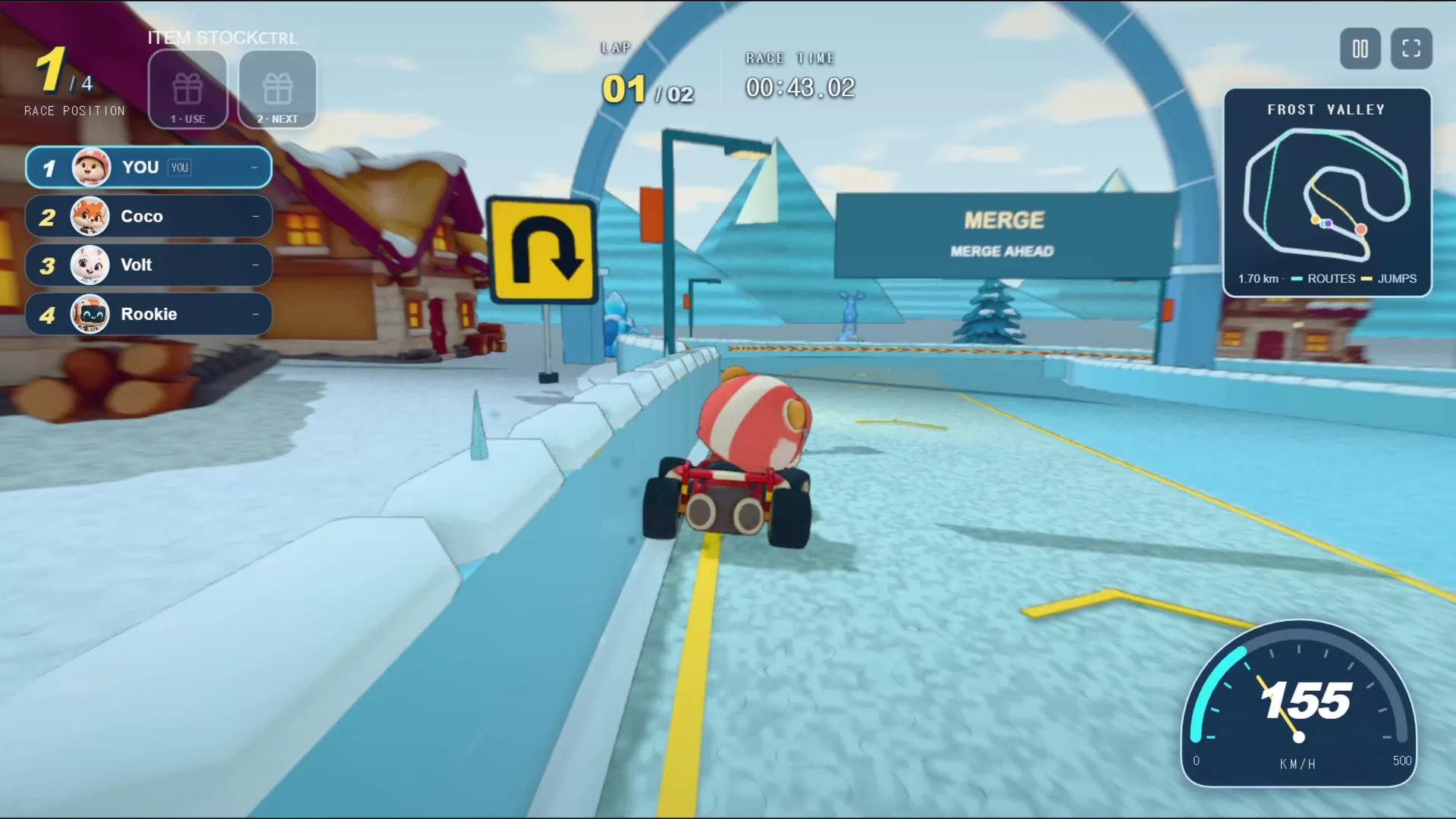 A kart on a snowy track approaching a sign that reads MERGE
