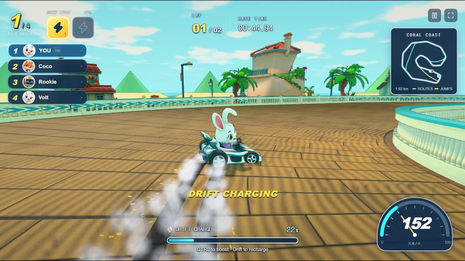 A KARTPOP race on Coral Coast: the rabbit driver drifting a white and teal kart past a seaside villa, palm trees, and street lamps