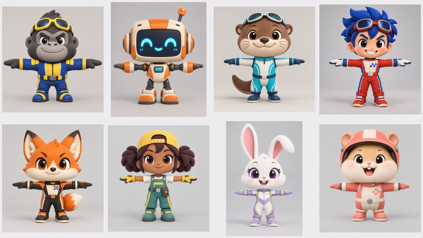 Eight T-pose reference images of cartoon drivers: a gorilla, a robot, a beaver, a boy, a fox, a girl mechanic, a rabbit, and a hamster