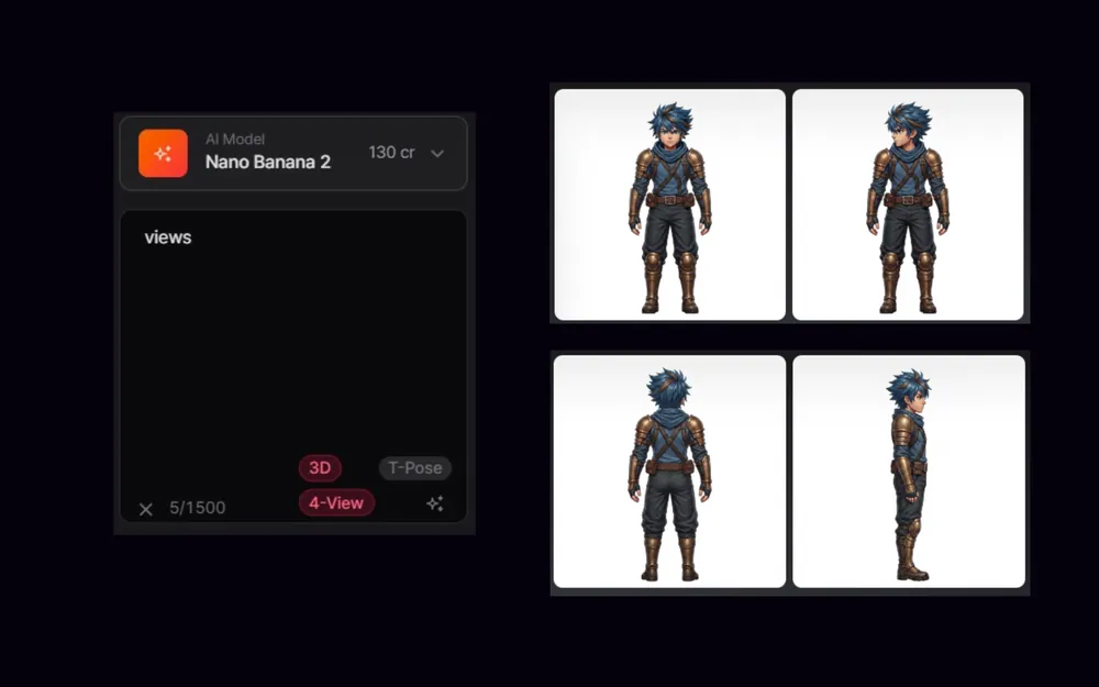PicoBerry’s image panel with 4-View enabled, beside four 2D reference images of one character: front, back and side