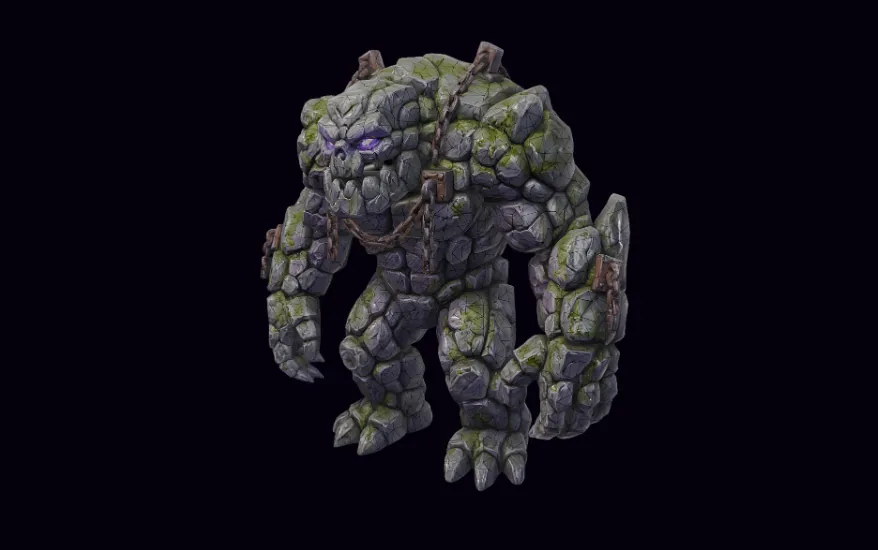 A generated mossy rock-golem creature on a dark background