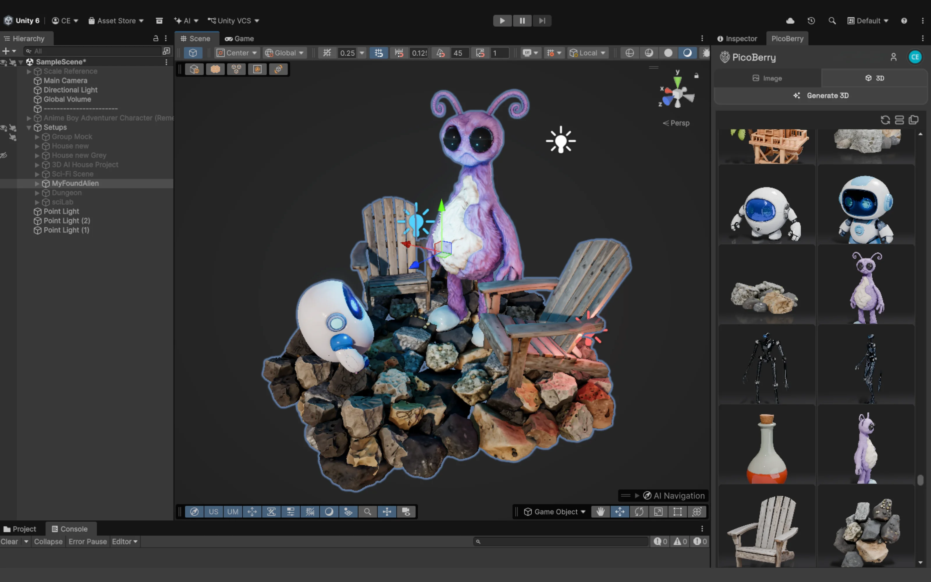 Unity 6 씬에 외계 생물·로봇·나무 의자·바위를 함께 배치하고 포인트·디렉셔널 라이트를 비춘 모습. 옆에는 PicoBerry 패널이 도킹돼 있다