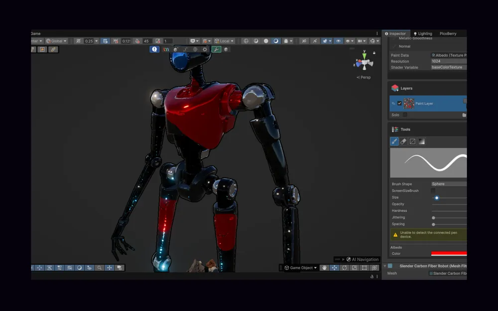 A red-and-black mech being re-textured in the Unity Editor with PicoBerry’s paint tools — paint layer, brush settings, and albedo color
