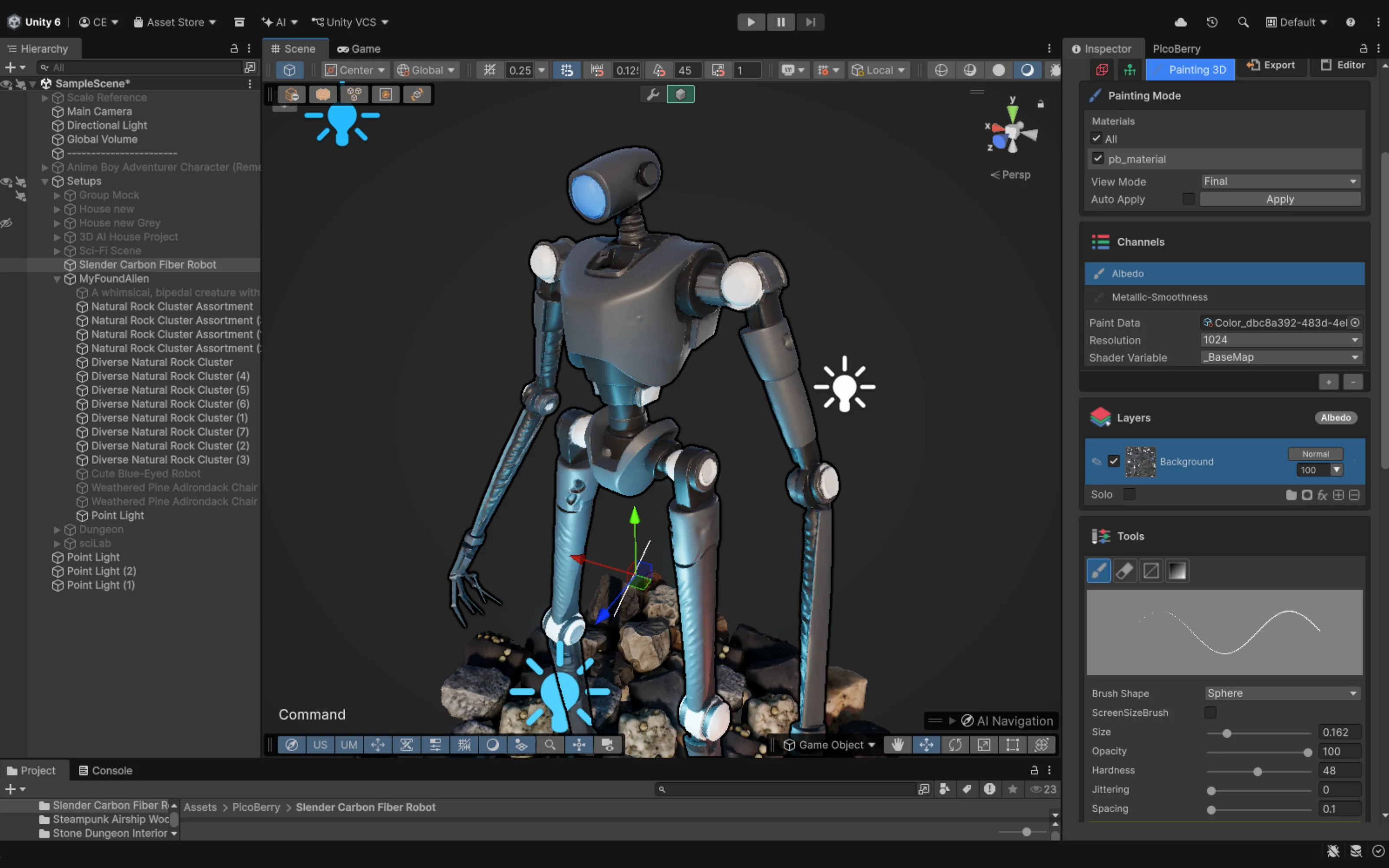 Unity 에디터에서 PicoBerry Painting Mode로 가느다란 카본 파이버 로봇을 정제하는 화면. 인스펙터에 재질·알베도·메탈릭 채널, 레이어, 브러시 설정이 보인다
