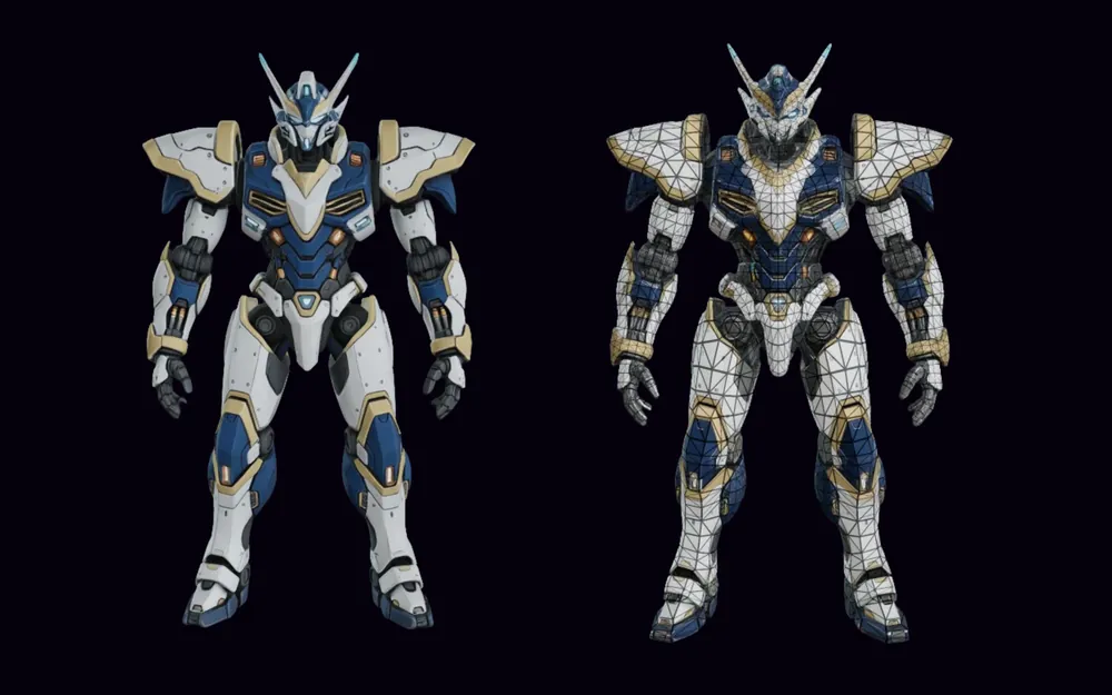 A mech shown textured on the left and with its remeshed wireframe topology on the right