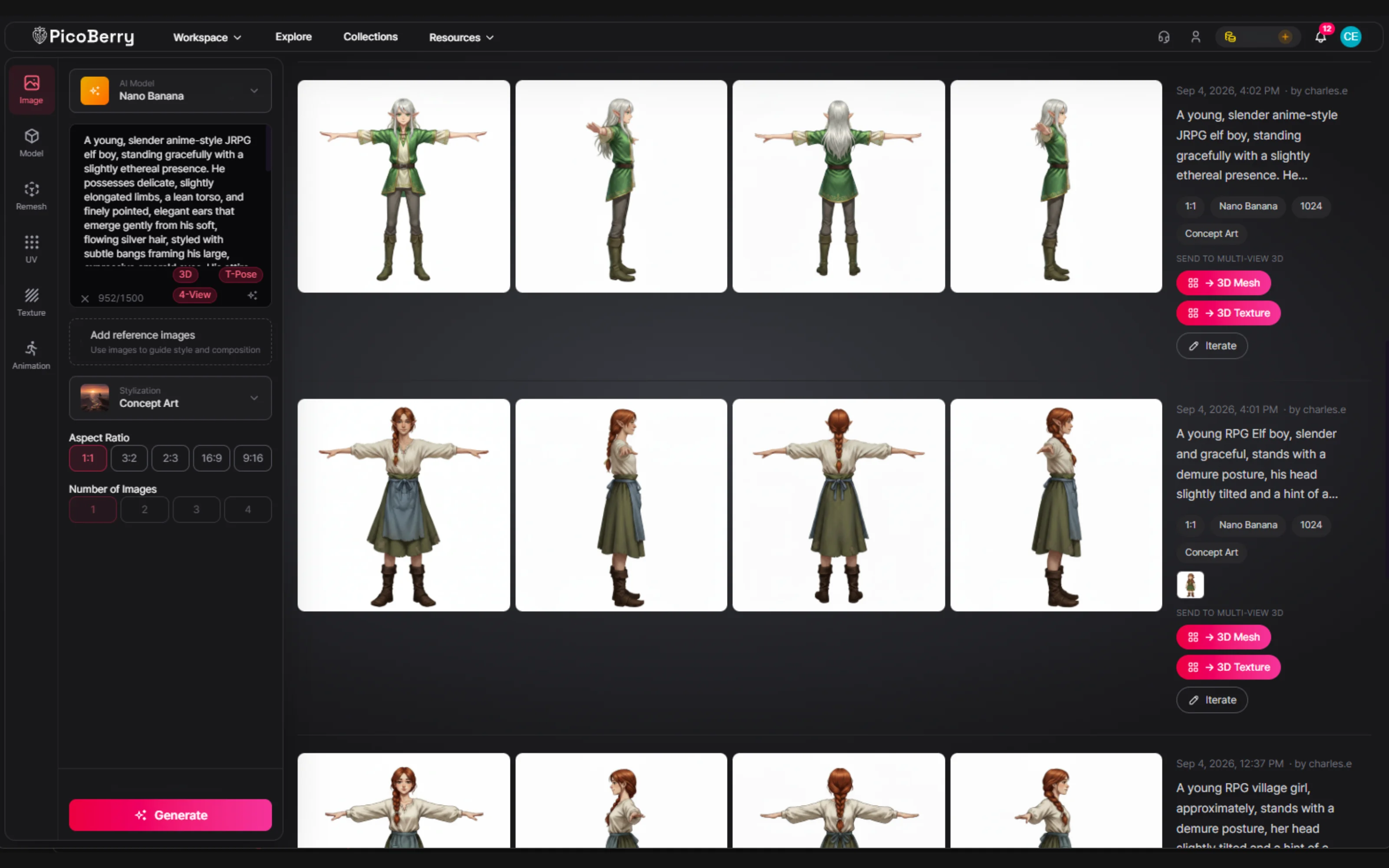 PicoBerry 이미지 워크스페이스에서 정면·측면·후면·3/4뷰 캐릭터를 함께 생성하고 Send to Multi-view 3D 옵션으로 방향과 비례를 확인하는 화면