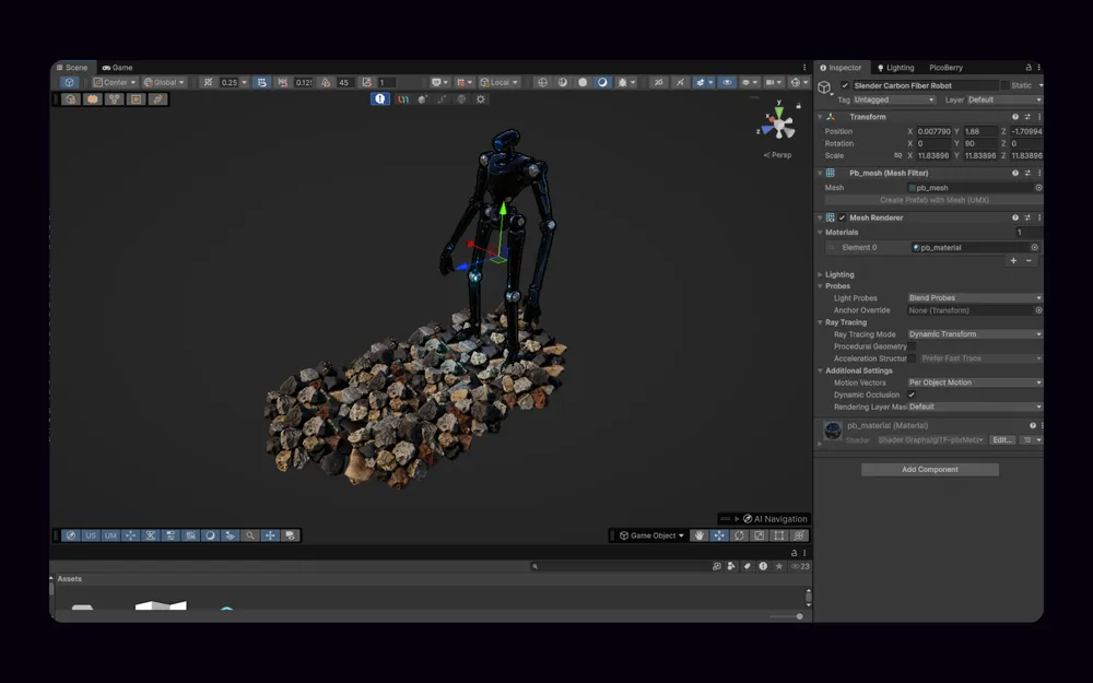 A generated robot asset placed and lit on a bed of rocks in a Unity scene, with the Inspector showing its mesh, material, and lighting settings