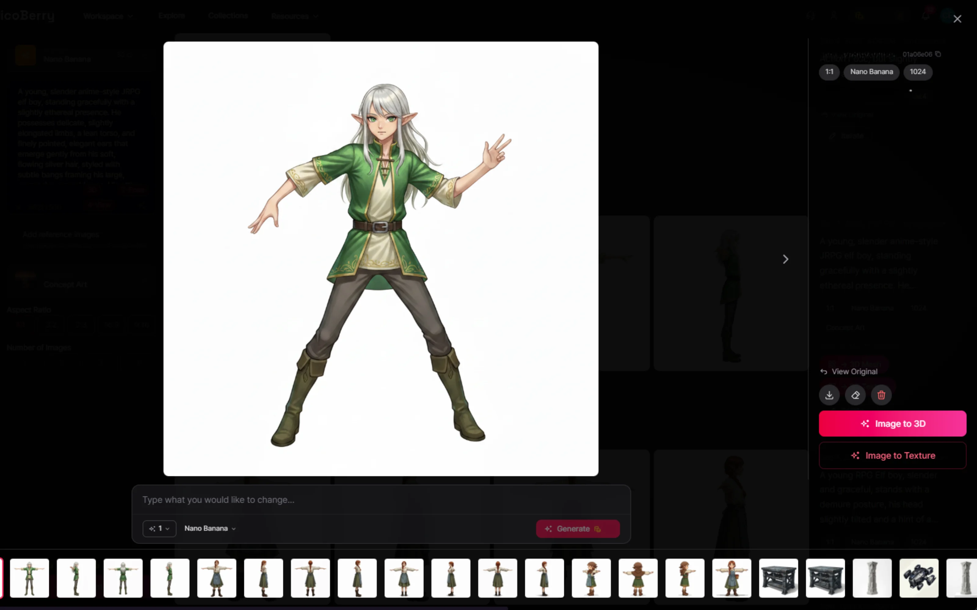 PicoBerry에서 Image to 3D·Image to Texture 옵션과 함께 선명하고 읽기 쉬운 실루엣, 일관된 아트 스타일을 보여 주는 JRPG 애니메이션풍 엘프 캐릭터