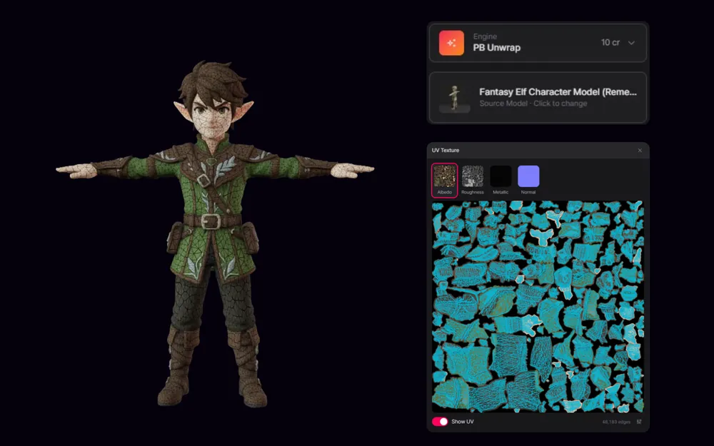 A fantasy character beside its unwrapped UV layout with albedo, roughness, metallic and normal maps