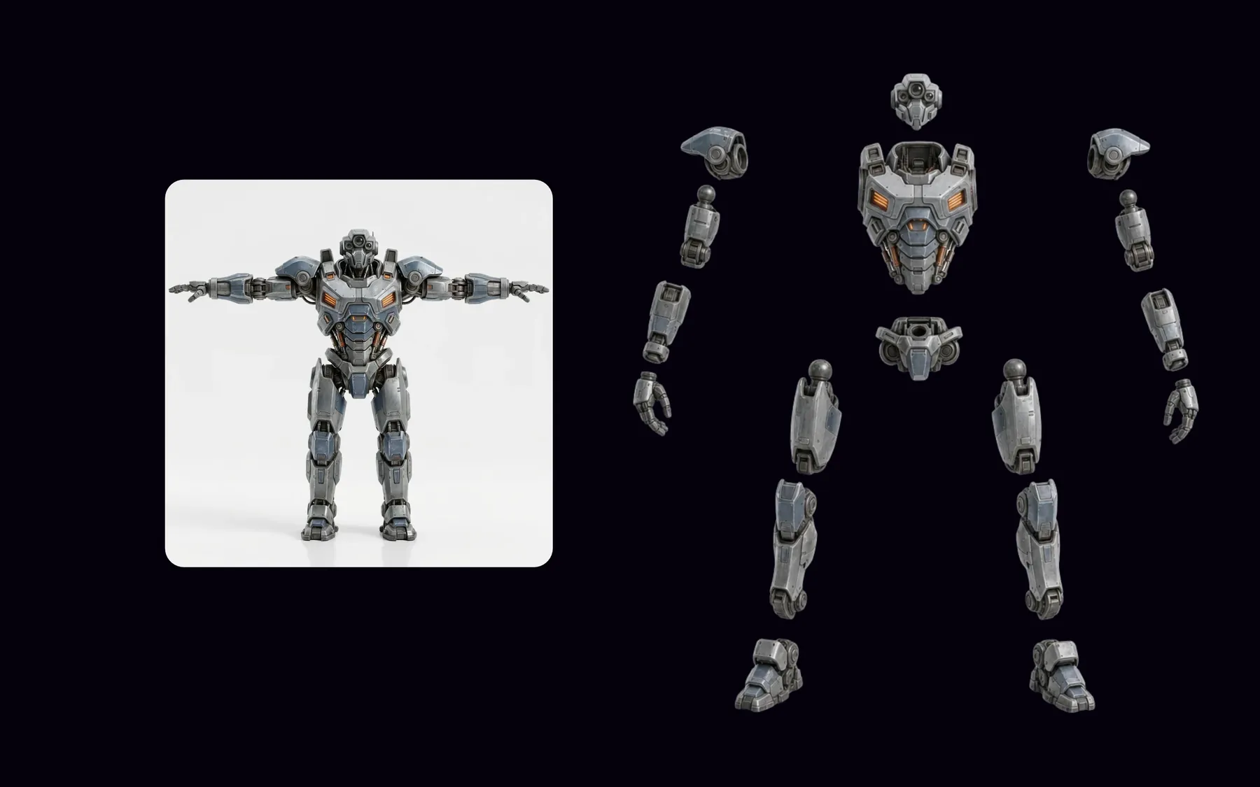 A generated sci-fi mech character on the left, split into its separate parts — head, torso, arms, legs and feet — on the right