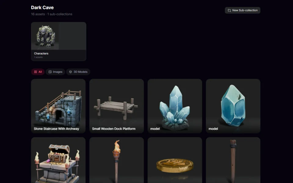 PicoBerry 中打开的 Dark Cave 合集，里面有一个 Characters 子合集，“全部”“图片”“3D 模型”三个筛选选项，以及一整片洞穴道具。