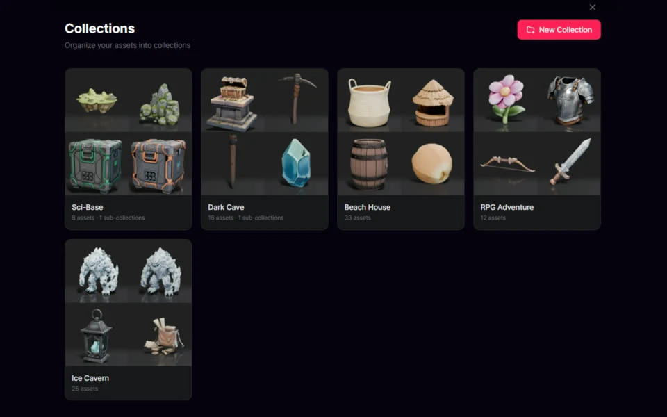 PicoBerry 的合集页面，其中的命名分组有 Sci-Base、Dark Cave、Beach House、RPG Adventure 和 Ice Cavern，每个分组都显示自己的资产缩略图、资产数量和子合集数量。
