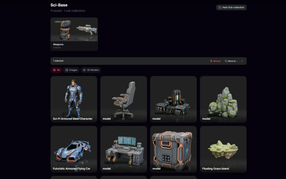 PicoBerry 中打开的 Sci-Base 合集，带有一个 Weapons 子合集、一条提供“移除”和“移动到…”的选择栏，以及一整片科幻资产。