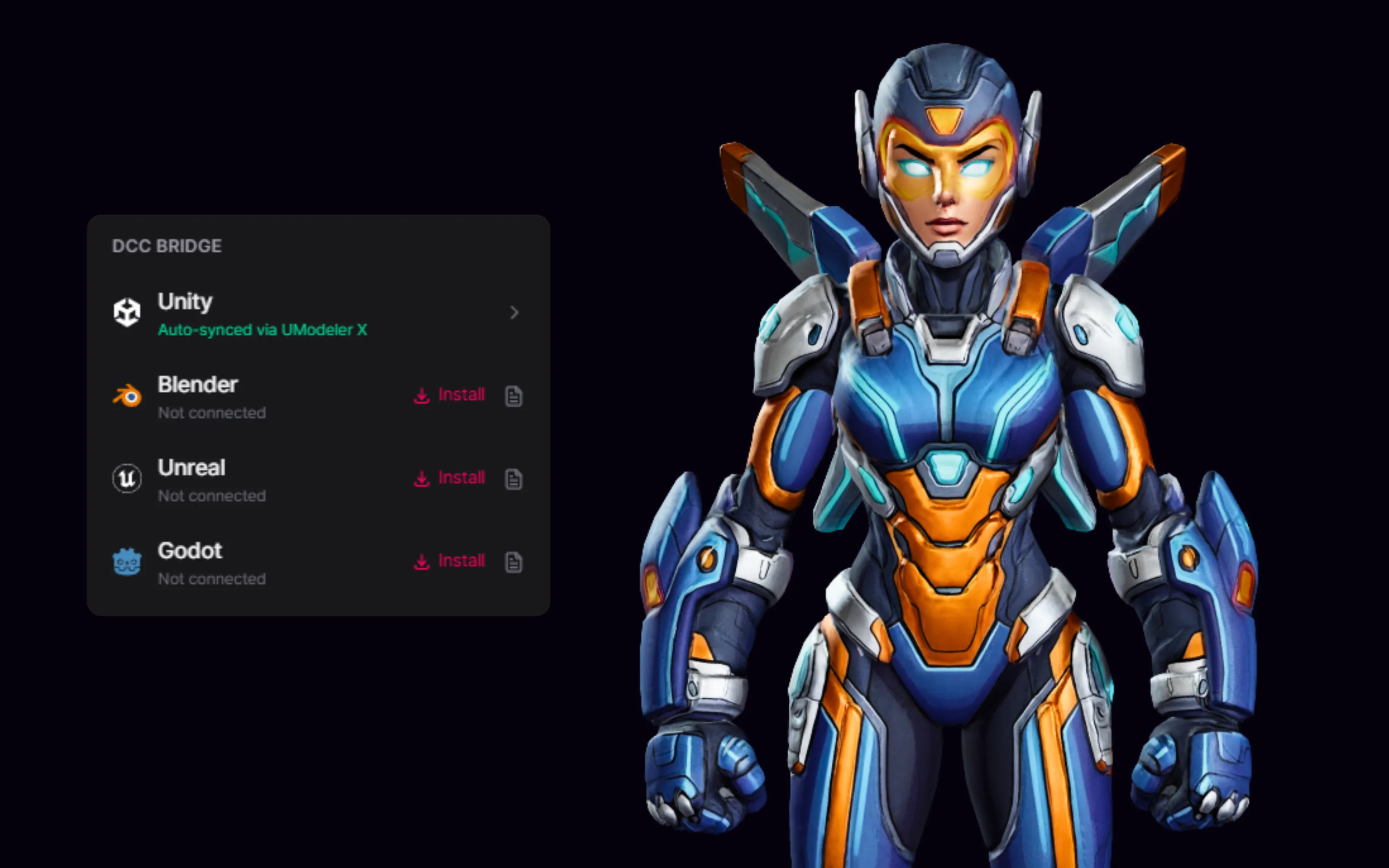 The finished, textured sci-fi armored character beside PicoBerry’s DCC Bridge panel, with Unity auto-synced via UModeler X and Blender, Unreal and Godot ready to install