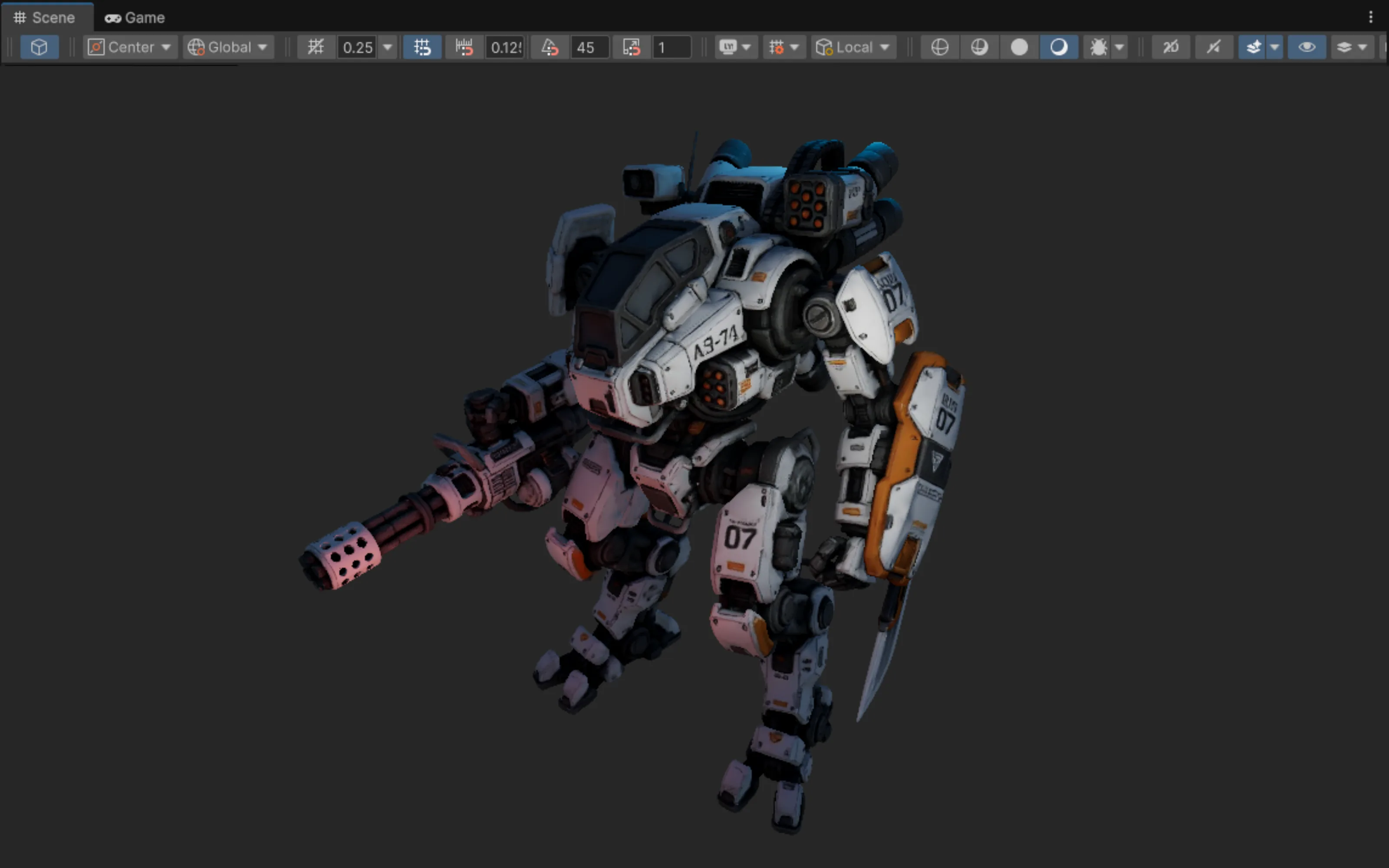 The same mech robot placed in a game engine’s Scene view, lit by the scene lighting rather than the generator’s clean preview