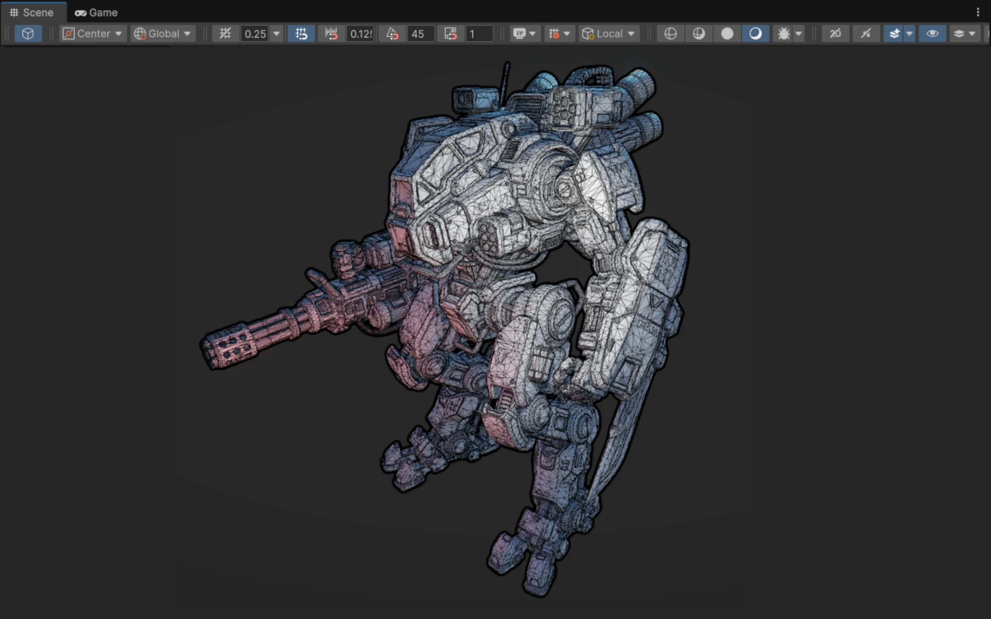 The mech robot shown as a wireframe in a modeling app, mid-cleanup, illustrating the refinement work an asset may need after generation