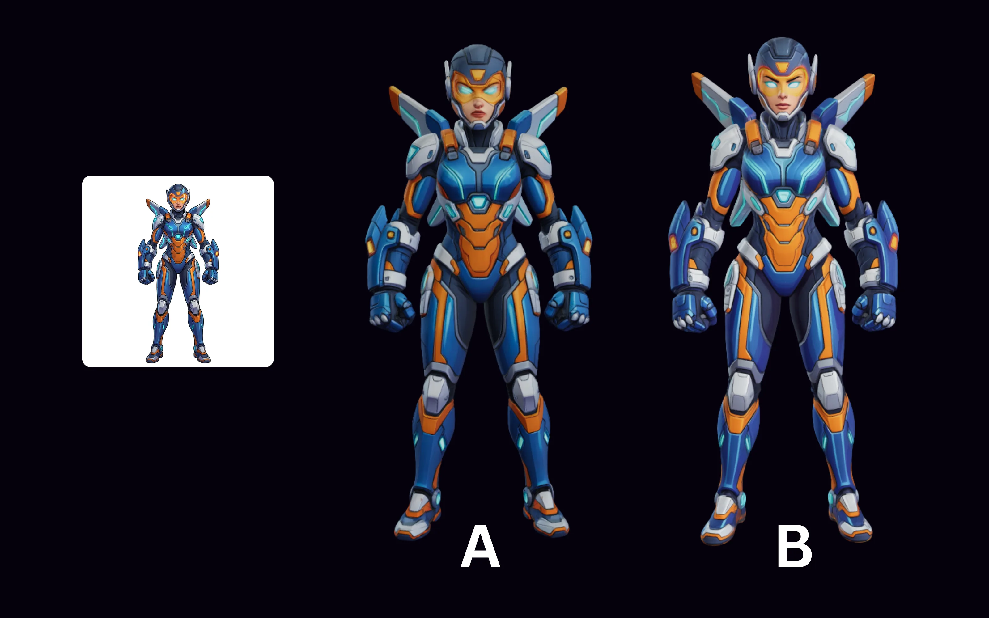 The same reference art of a sci-fi armored character generated as two 3D results, A and B, from different models, shown side by side against the source thumbnail