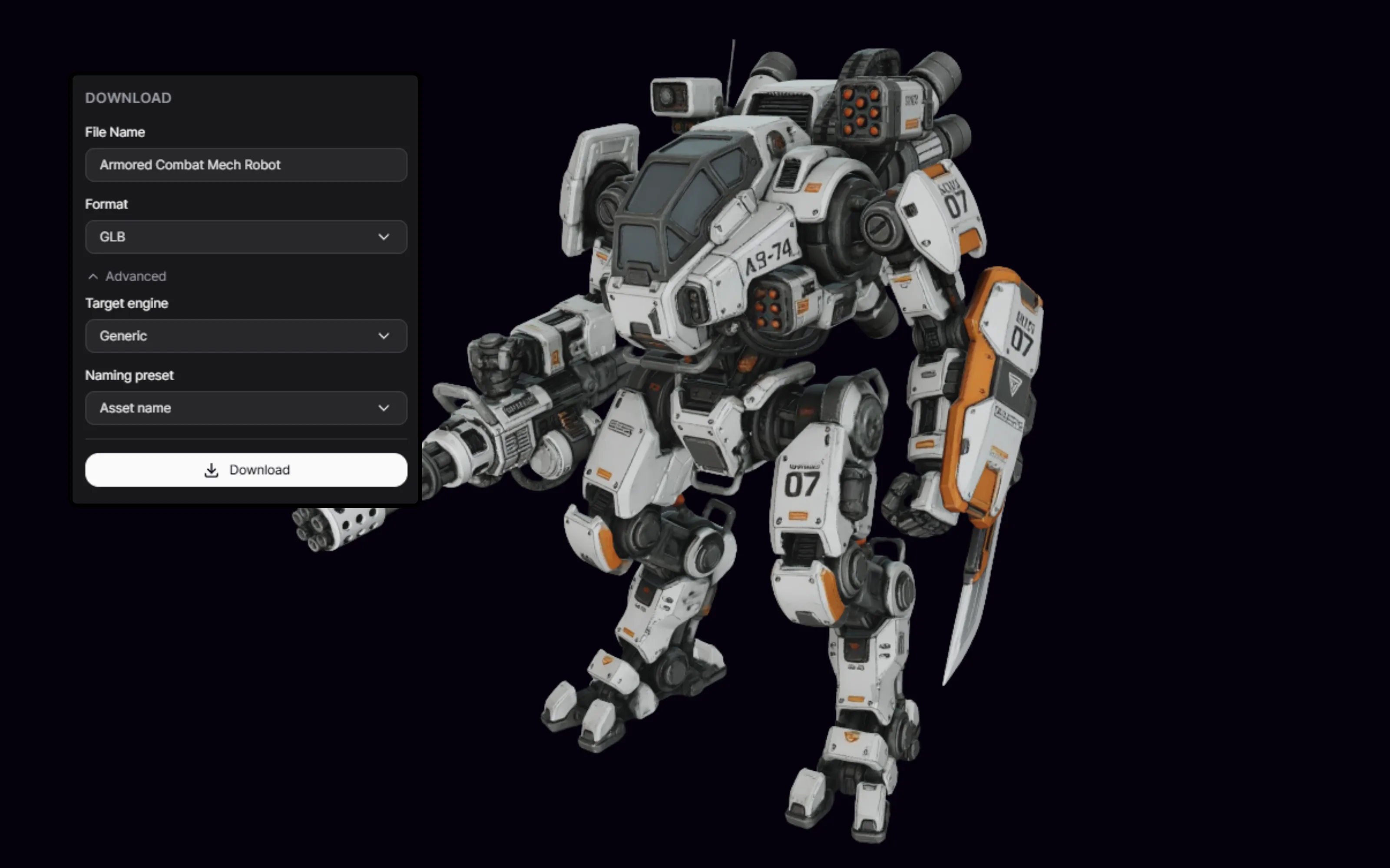 A textured mech robot beside PicoBerry’s Download panel showing file name, GLB format, target engine, and naming-preset options for export