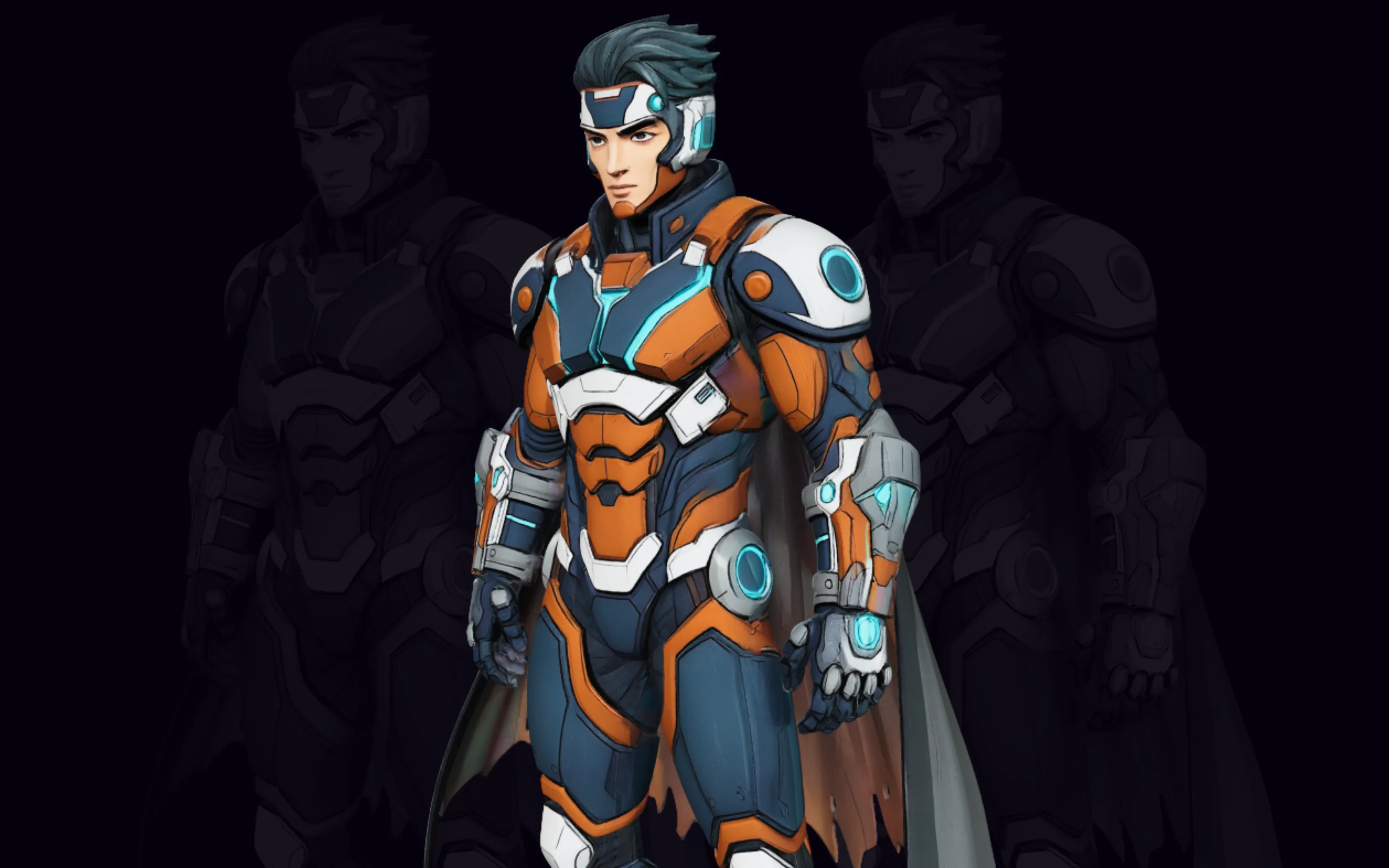 A crisp stylized sci-fi hero character whose bold outline reads clearly against two faded, harder-to-read silhouette variants behind it