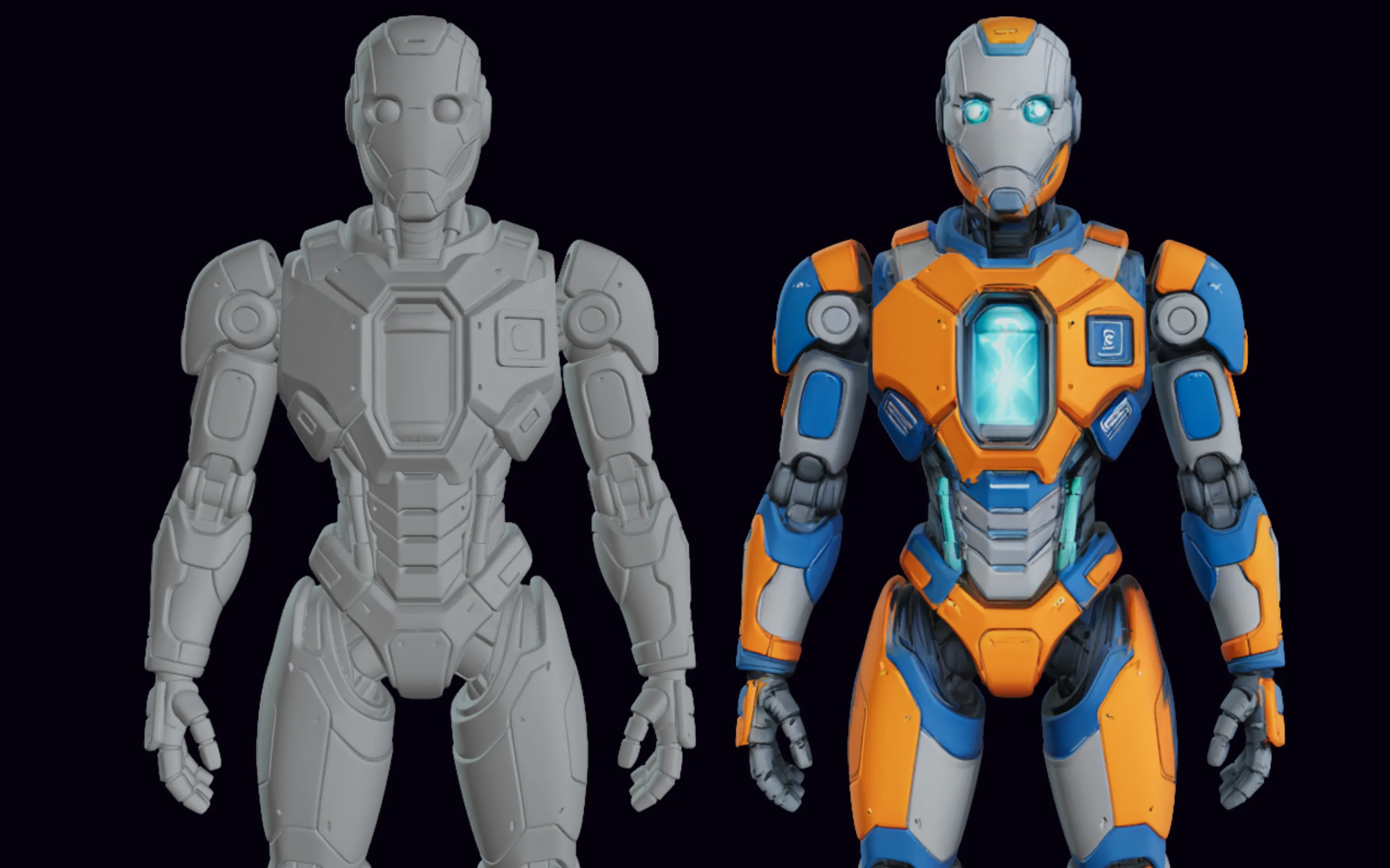 The same sci-fi robot character shown twice: an untextured grey clay render on the left and the finished orange-and-blue PBR-textured version on the right