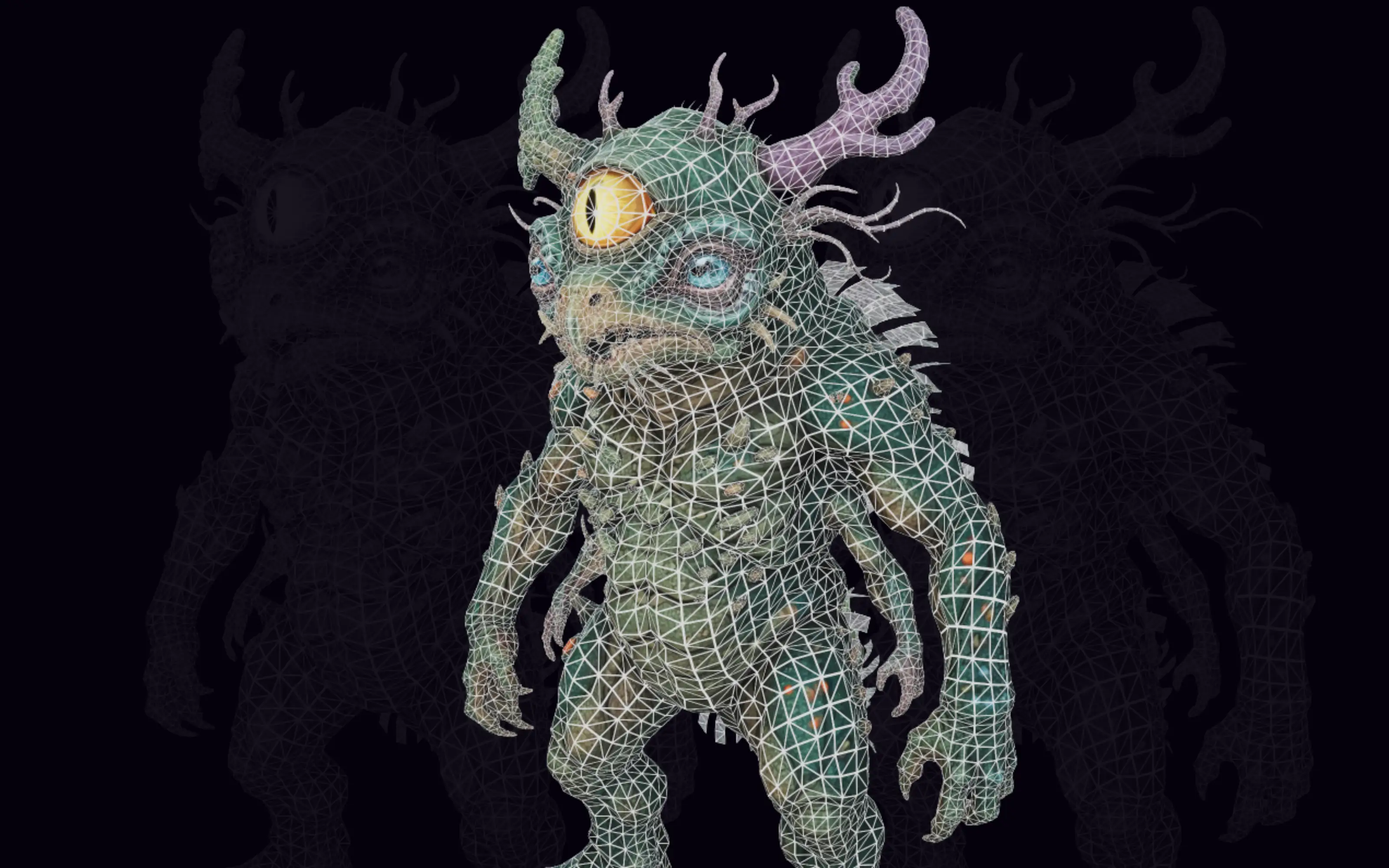 A generated creature with its dense wireframe topology shown over the textured mesh, revealing how editable the underlying geometry is