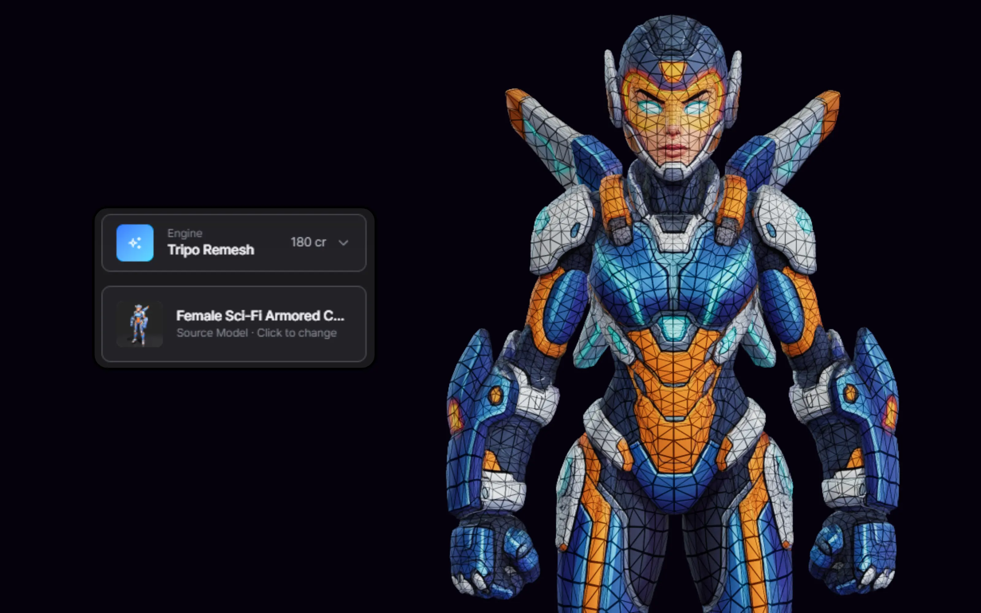 A sci-fi armored character shown with its wireframe topology visible, beside PicoBerry’s remesh panel set to the Tripo Remesh engine