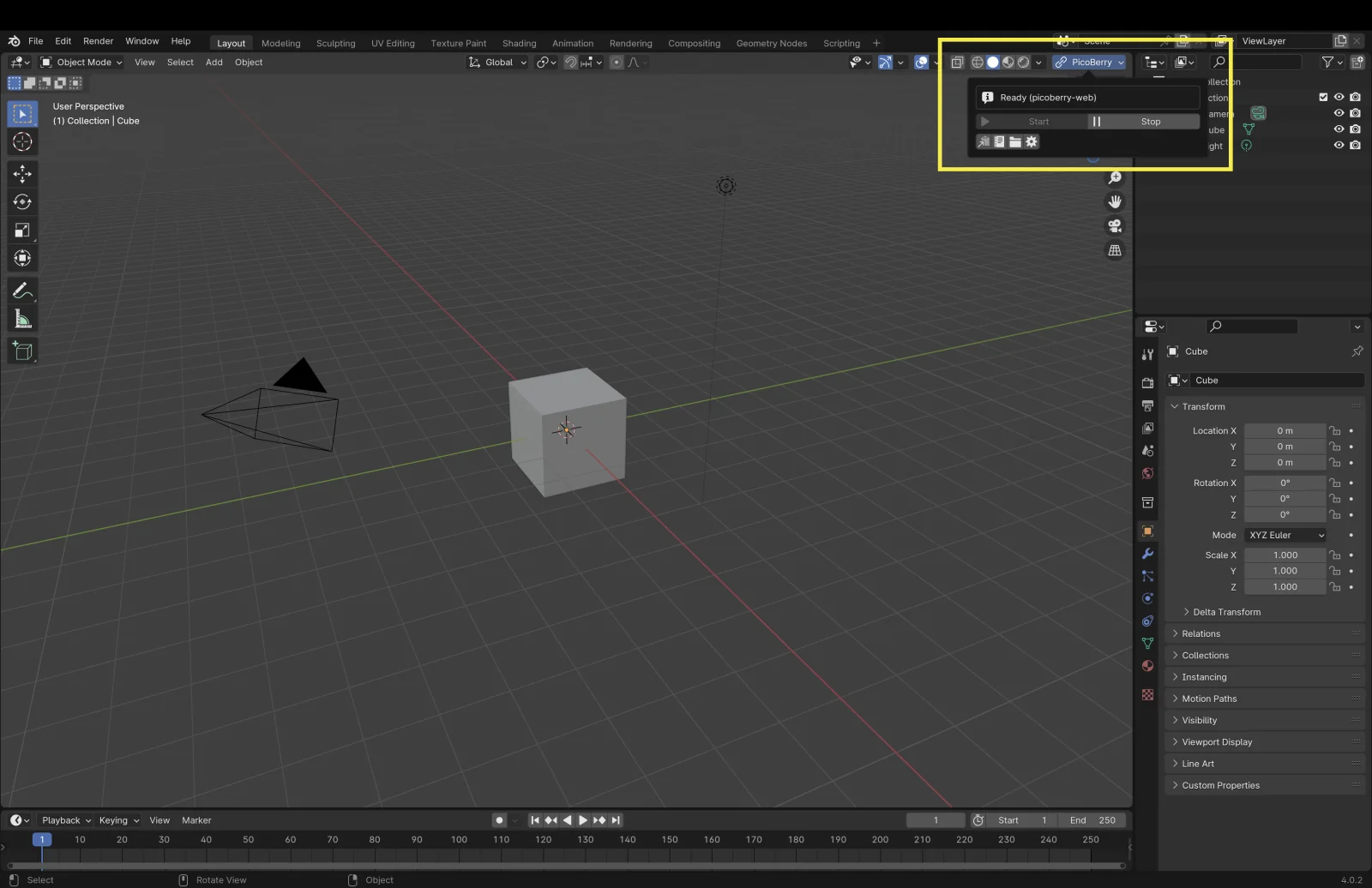 Blender 3D 뷰포트 헤더의 PicoBerry 칩과, 'Ready (picoberry-web)' 상태가 표시된 패널