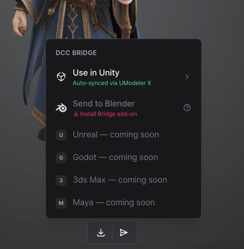 PicoBerry 보내기 메뉴 — Blender 미연결 상태로 'Install Bridge add-on' 링크가 보임