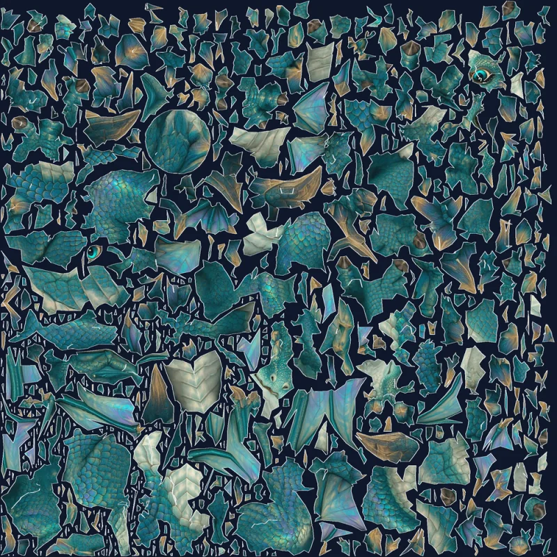 Baby dragon UVs from Meshy Unwrap — medium-sized islands that keep the scale pattern