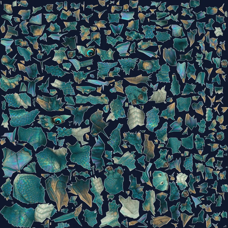 Baby dragon UVs from PB Unwrap — medium-sized islands that keep the scale pattern