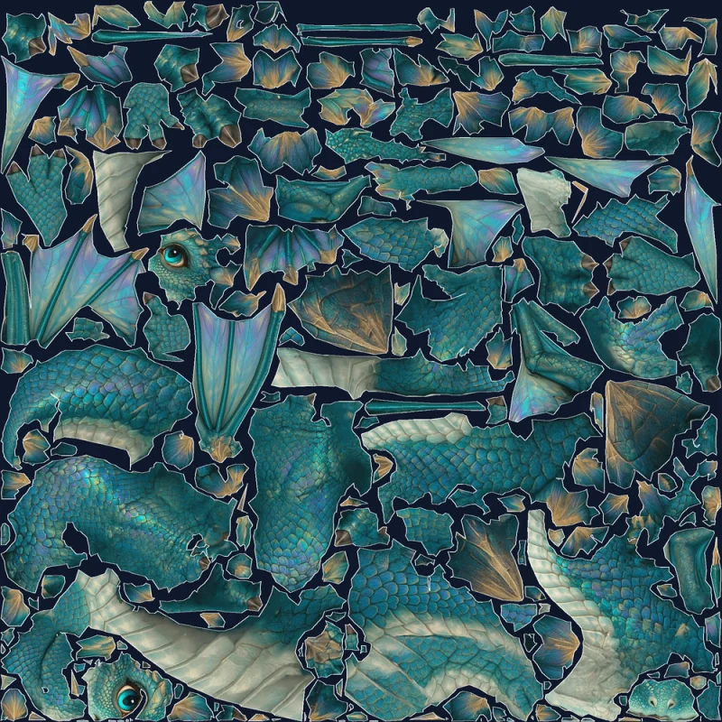 Baby dragon UVs from Tripo Unwrap — body, tail and wings as large islands with the scale pattern unbroken