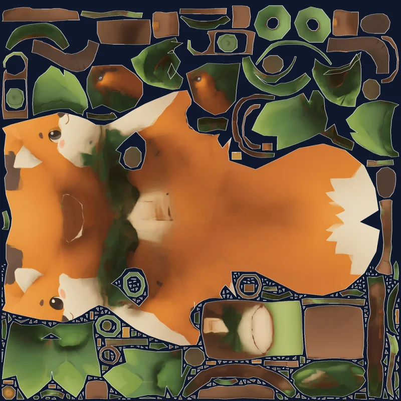 Fox character UVs from HY3 Unwrap — the front and back of the body unfolded as one large island