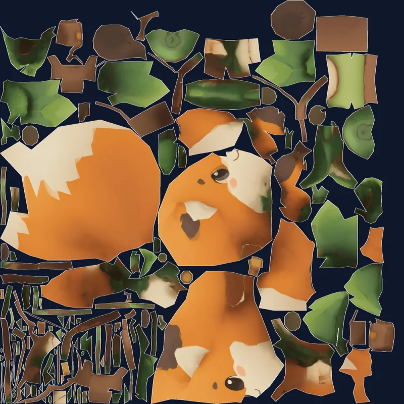 Fox character UVs from Meshy Unwrap — large islands for the body, thin strips for some parts