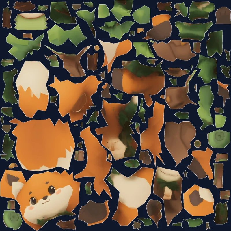 Fox character UVs from PB Unwrap — the face in one island, the body in several medium-sized islands