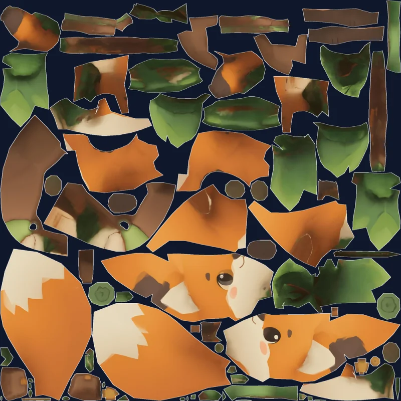 Fox character UVs from Tripo Unwrap — a small number of large islands